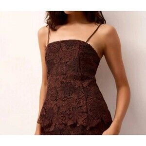 Marie Oliver Joelle Lace Camisole Top Brown Java Spaghetti Strap Peplum Zip Back